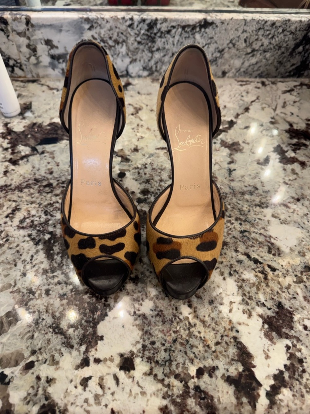 Christian Louboutin Leopard Print Peep-Toe Heels - Brown/Black - Picture 3 of 6